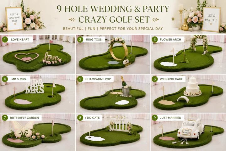 The nine-hole wedding and party crazy golf set — love heart, ring toss, champagne pop and more