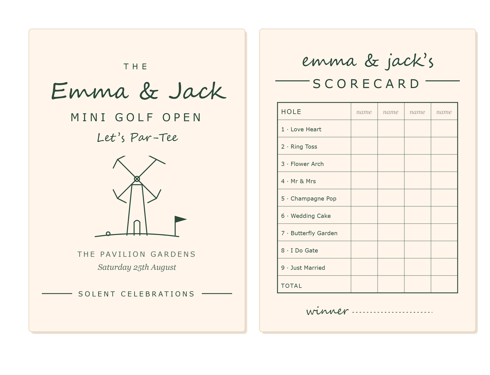 A personalised crazy golf scorecard with the couple's names and all nine themed holes